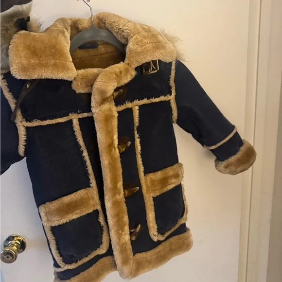Navy and Tan Faux Fur Trimmed Coat